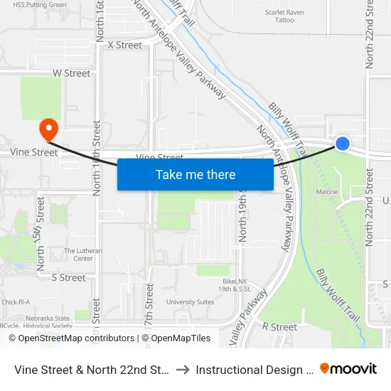 Vine Street & North 22nd Street, NW to Instructional Design Center map