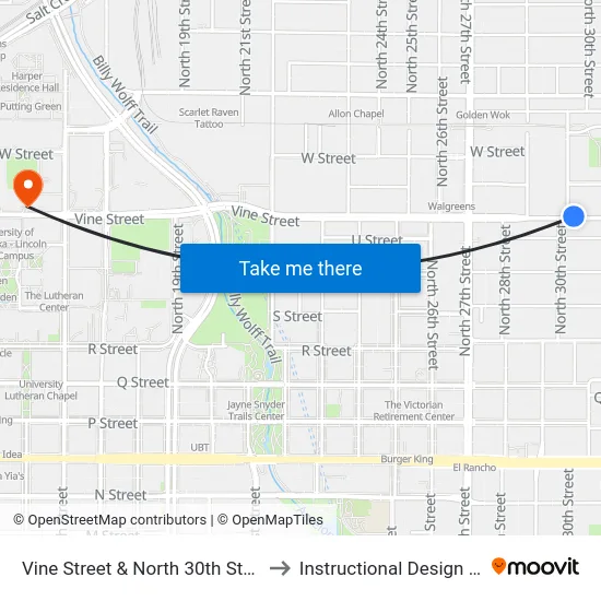 Vine Street & North 30th Street, NW to Instructional Design Center map