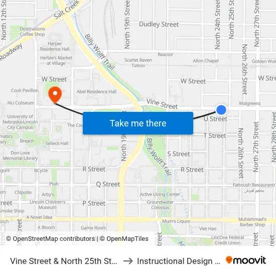 Vine Street & North 25th Street, SW to Instructional Design Center map