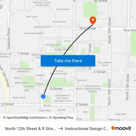 North 12th Street & R Street, NE to Instructional Design Center map