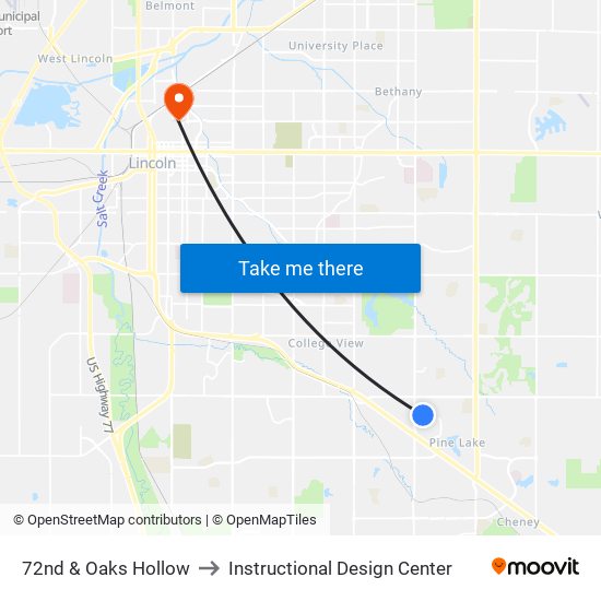 72nd & Oaks Hollow to Instructional Design Center map