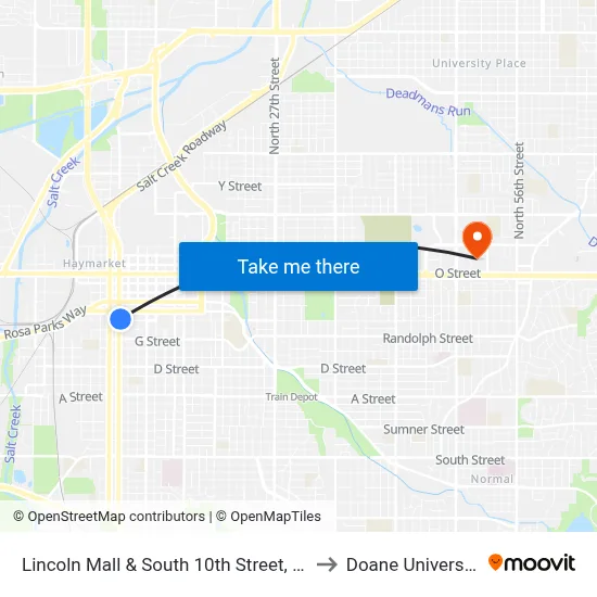 Lincoln Mall & South 10th Street, NE to Doane University map