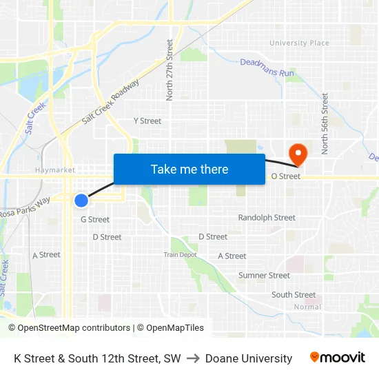 K Street & South 12th Street, SW to Doane University map