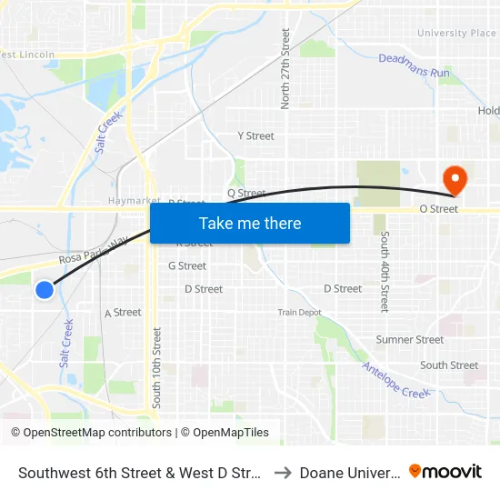 Southwest 6th Street & West D Street, NE to Doane University map
