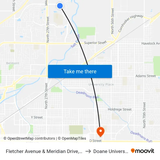 Fletcher Avenue & Meridian Drive, NE to Doane University map