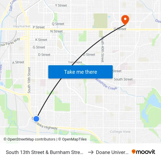 South 13th Street & Burnham Street, NW to Doane University map