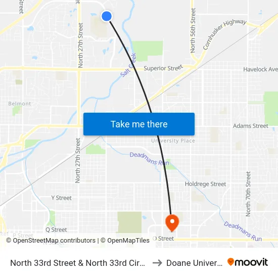 North 33rd Street & North 33rd Circle, NE to Doane University map