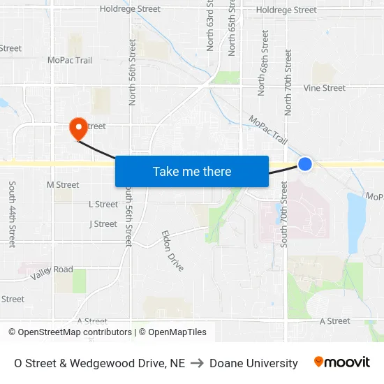O Street & Wedgewood Drive, NE to Doane University map