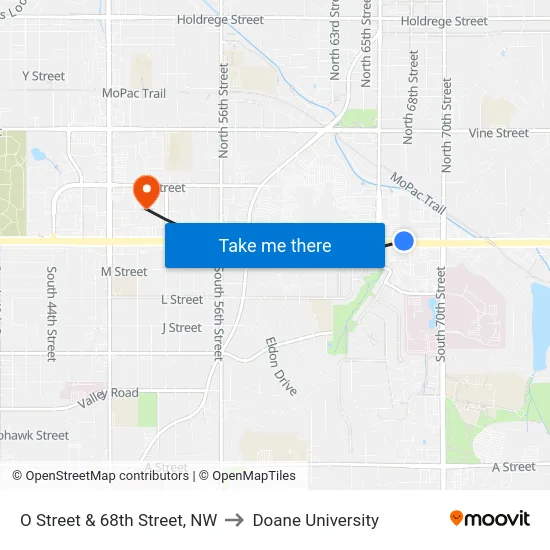 O Street & 68th Street, NW to Doane University map