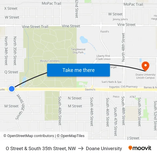 O Street & South 35th Street, NW to Doane University map
