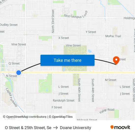O Street & 25th Street, Se to Doane University map