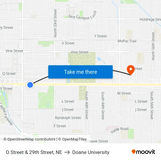 O Street & 29th Street, NE to Doane University map