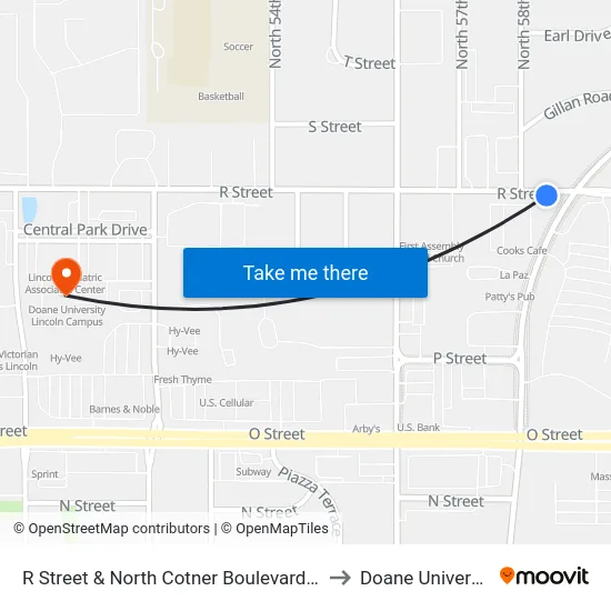 R Street & North Cotner Boulevard, SW to Doane University map