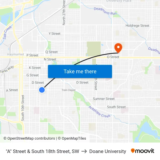 "A" Street & South 18th Street, SW to Doane University map