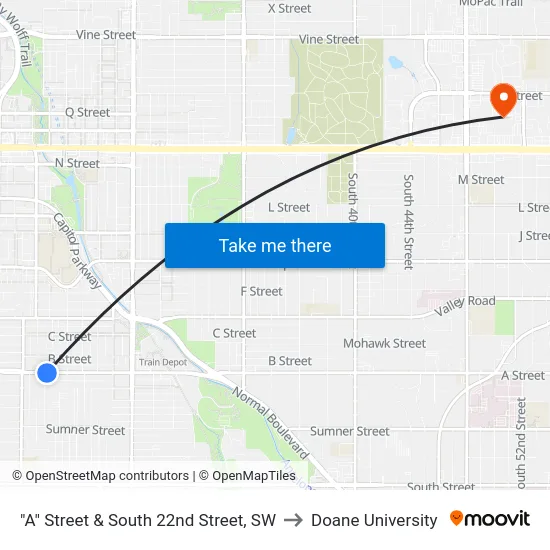 "A" Street & South 22nd Street, SW to Doane University map