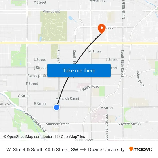 "A" Street & South 40th Street, SW to Doane University map