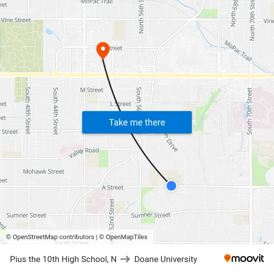 Pius the 10th High School, N to Doane University map