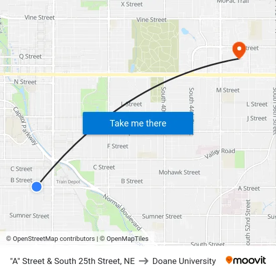"A" Street & South 25th Street, NE to Doane University map
