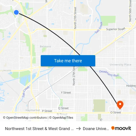 Northwest 1st Street & West Grand Drive, Se to Doane University map
