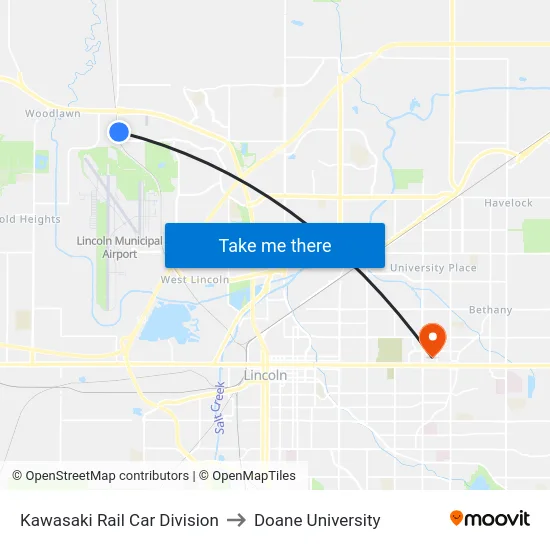 Kawasaki Rail Car Division to Doane University map