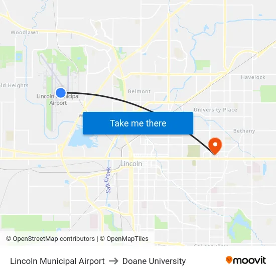 Lincoln Municipal Airport to Doane University map