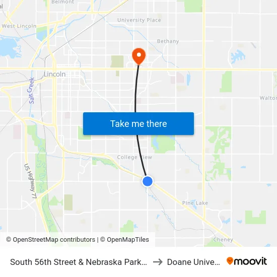 South 56th Street & Nebraska Parkway, Se to Doane University map