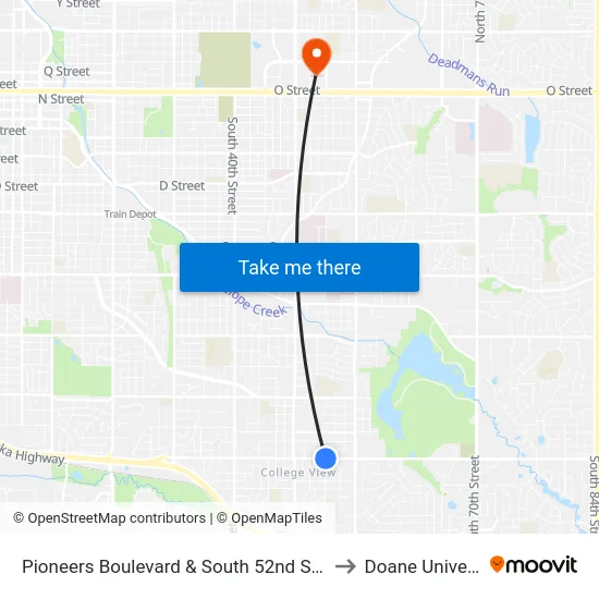 Pioneers Boulevard & South 52nd Street, NE to Doane University map