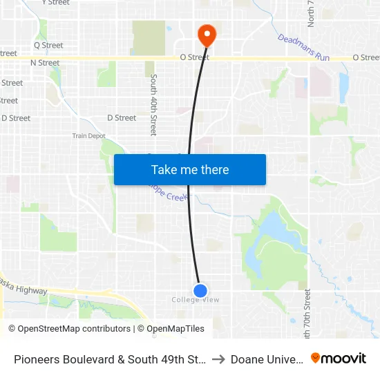 Pioneers Boulevard & South 49th Street, NE to Doane University map