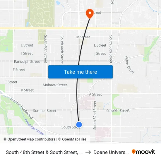 South 48th Street & South Street, NE to Doane University map