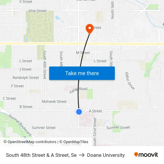 South 48th Street & A Street, Se to Doane University map