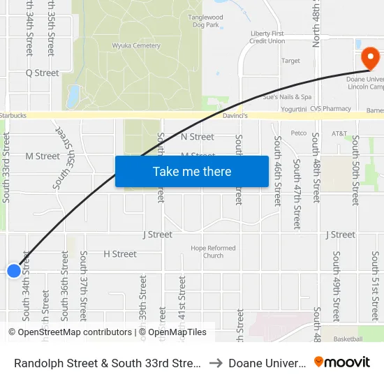 Randolph Street & South 33rd Street, NE to Doane University map