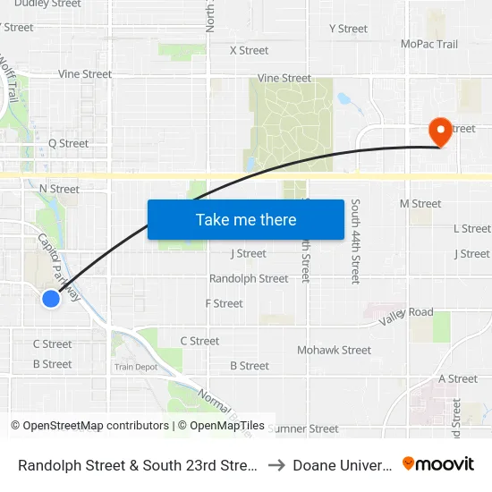 Randolph Street & South 23rd Street, NE to Doane University map