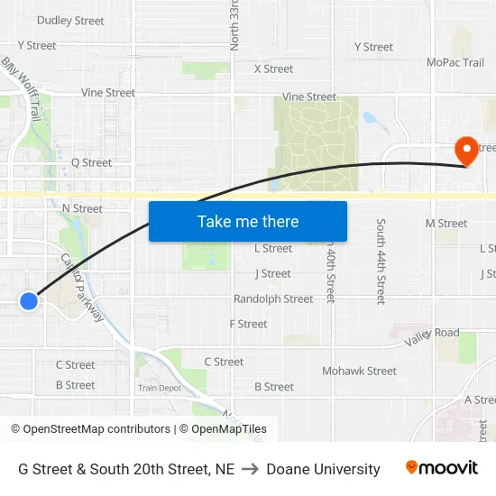 G Street & South 20th Street, NE to Doane University map