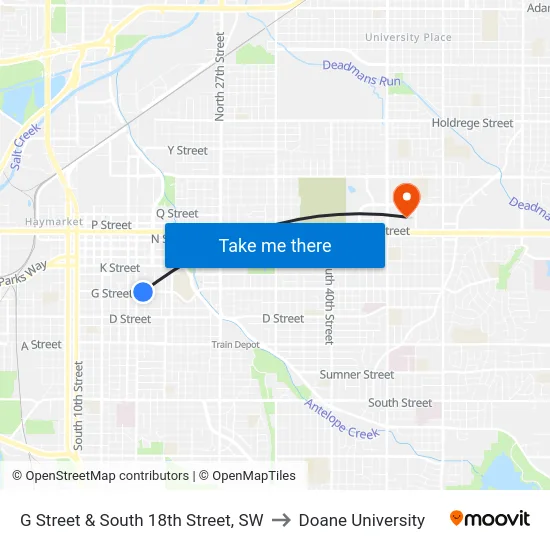 G Street & South 18th Street, SW to Doane University map