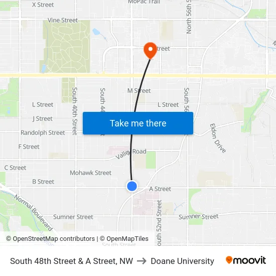 South 48th Street & A Street, NW to Doane University map