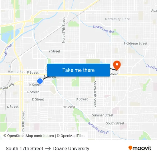 South 17th Street to Doane University map