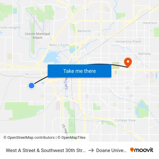 West A Street & Southwest 30th Street, SW to Doane University map