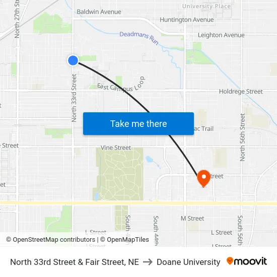 North 33rd Street & Fair Street, NE to Doane University map