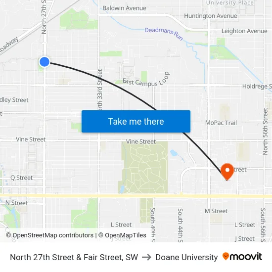 North 27th Street & Fair Street, SW to Doane University map