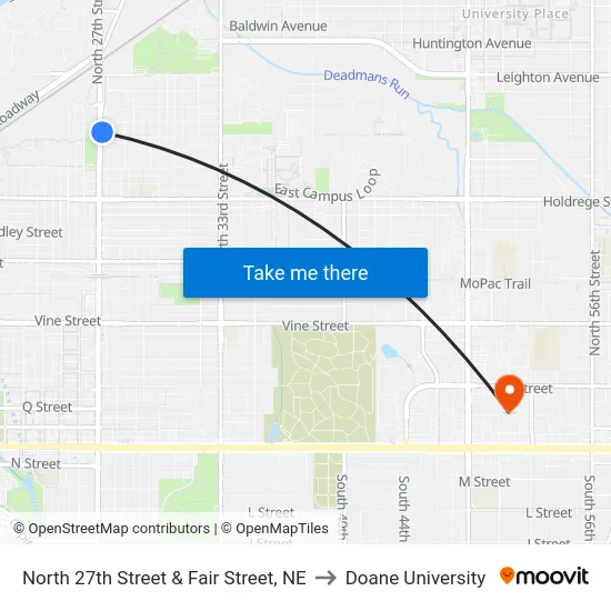 North 27th Street & Fair Street, NE to Doane University map