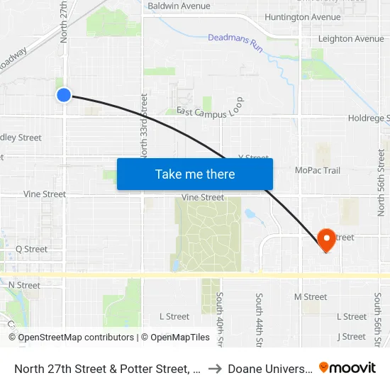 North 27th Street & Potter Street, NW to Doane University map