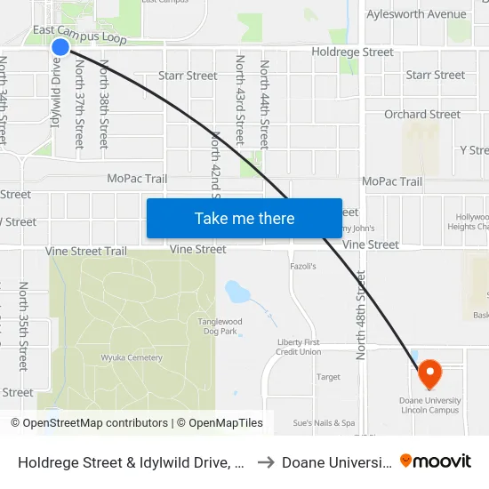 Holdrege Street & Idylwild Drive, NE to Doane University map