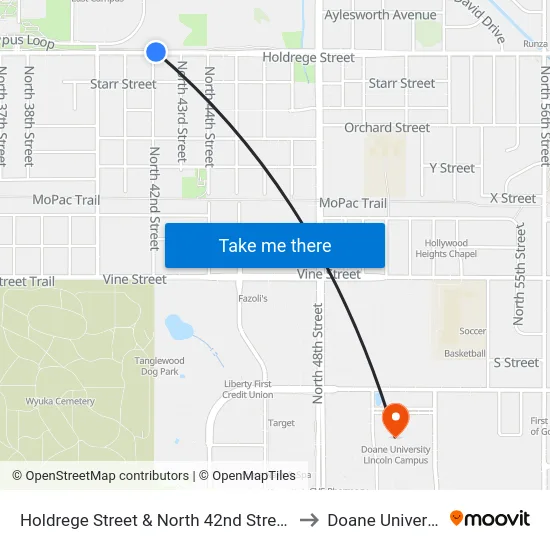 Holdrege Street & North 42nd Street, NE to Doane University map