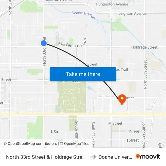 North 33rd Street & Holdrege Street, NE to Doane University map