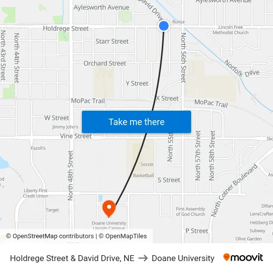 Holdrege Street & David Drive, NE to Doane University map