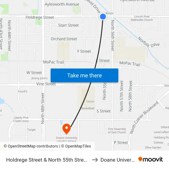 Holdrege Street & North 55th Street, SW to Doane University map