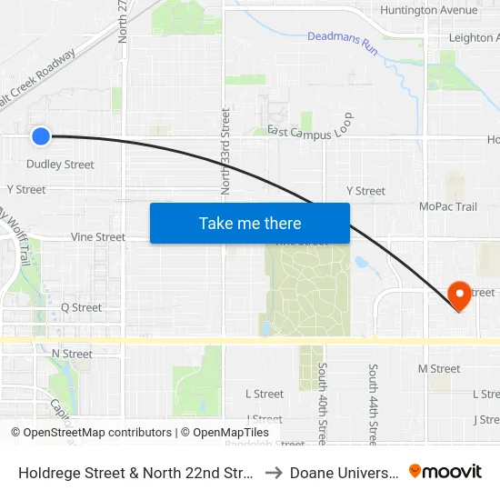 Holdrege Street & North 22nd Street to Doane University map