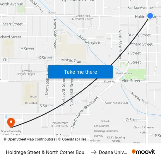 Holdrege Street & North Cotner Boulevard, NE to Doane University map