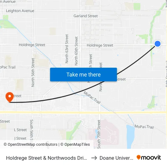 Holdrege Street & Northwoods Drive, NE to Doane University map