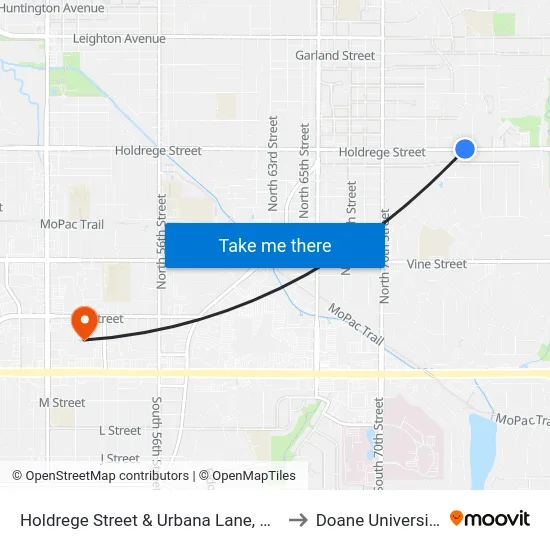 Holdrege Street & Urbana Lane, NE to Doane University map
